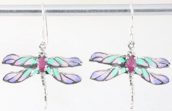 Zilveren libelle oorbellen met emaille en robijn afbeelding 1