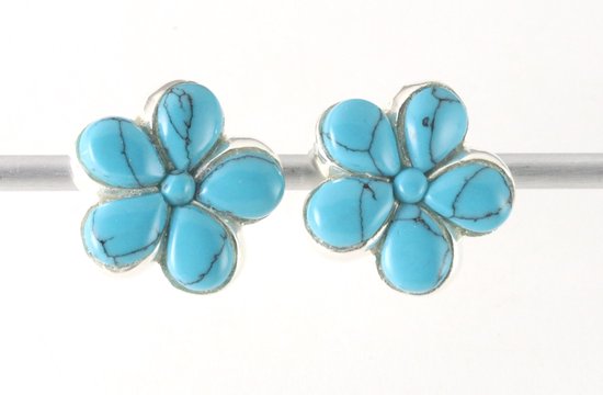 Bloemvormige zilveren oorstekers met blauwe turkoois afbeelding 1