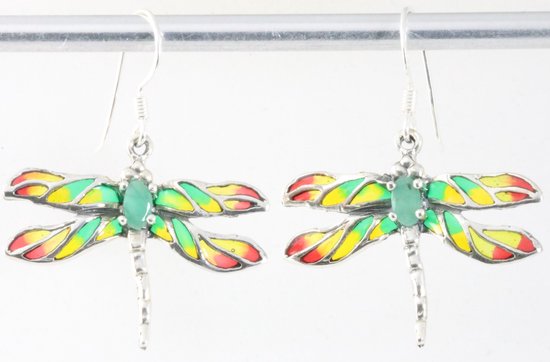 Zilveren libelle oorbellen met emaille en smaragd afbeelding 1
