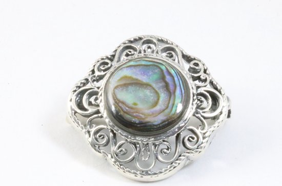 Opengewerkte zilveren broche met abalone schelp afbeelding 3