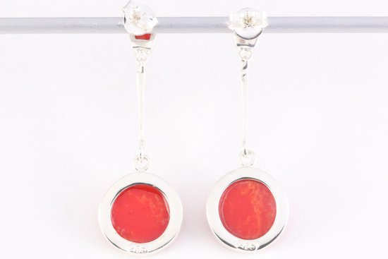Lange ronde zilveren oorstekers met rode koraal steen afbeelding 3