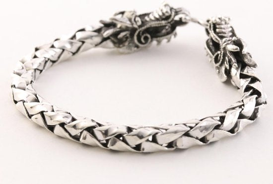 Zware zilveren armband met drakenkoppen en schubbenschakels afbeelding 4