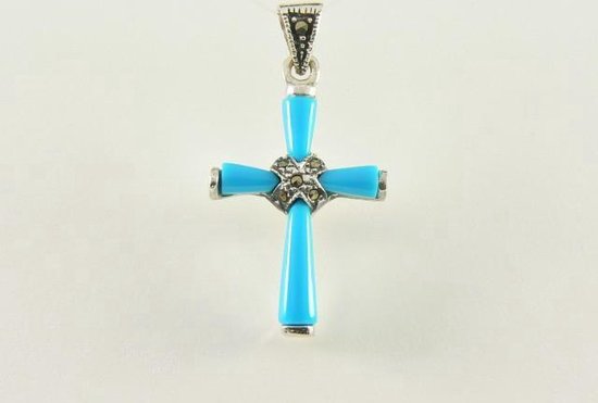 Fijne zilveren kruishanger met blauwe turkoois en marcasiet afbeelding 4
