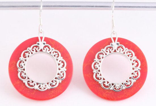Grote ronde bewerkte zilveren oorbellen met rode koraal steen afbeelding 1