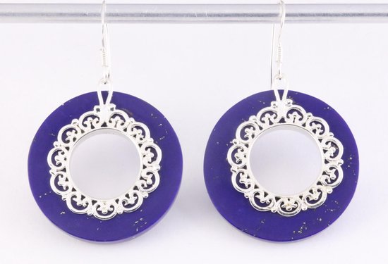 Grote ronde bewerkte zilveren oorbellen met lapis lazuli afbeelding 4