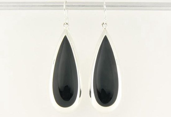 Grote druppelvormige zilveren oorbellen met onyx afbeelding 4