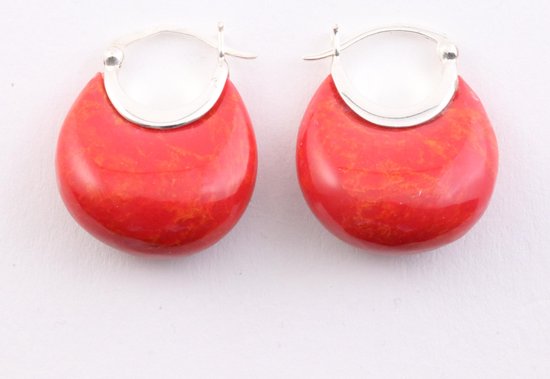 Fijne zilveren oorringen met rode koraal steen afbeelding 1