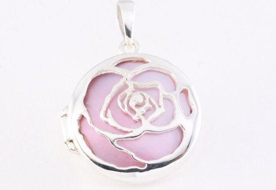 Rond bewerkt zilveren medaillon met roze parelmoer afbeelding 4