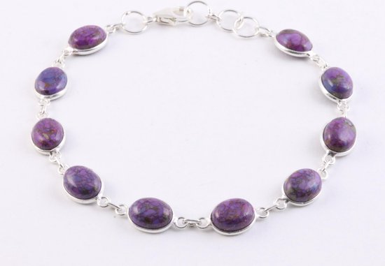 Fijne zilveren schakelarmband met paarse koperturkoois afbeelding 1