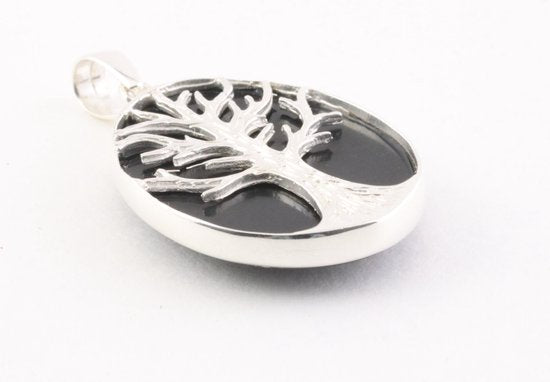 Ovale zilveren hanger met levensboom op onyx afbeelding 2