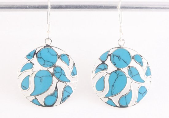 Ronde opengewerkte zilveren oorbellen met blauwe turkoois afbeelding 4