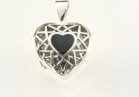 Opengewerkt hartvormig zilveren medaillon met onyx afbeelding 1