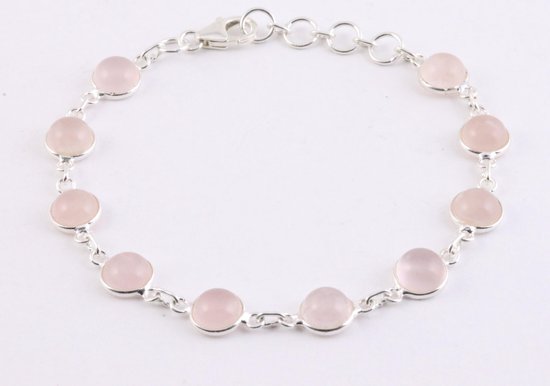 Fijne zilveren schakelarmband met rozenkwarts afbeelding 1