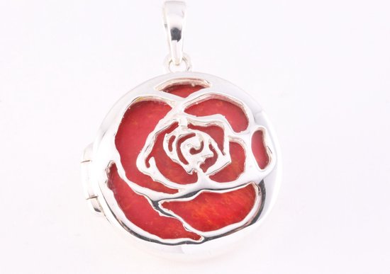 Rond bewerkt zilveren medaillon met rode koraal steen afbeelding 1