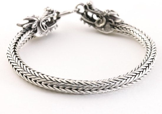 Zware zilveren snake armband met drakenkoppen afbeelding 4