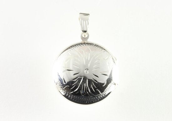 Rond hoogglans zilveren medaillon met fantasiegravering afbeelding 3