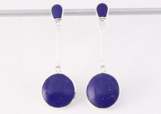 Lange ronde zilveren oorstekers met lapis lazuli afbeelding 4