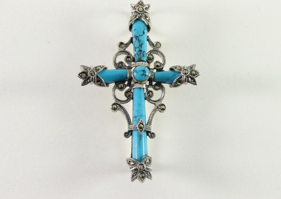 Kruisvormige zilveren broche met blauwe turkoois en marcasiet afbeelding 1