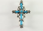Kruisvormige zilveren broche met blauwe turkoois en marcasiet afbeelding 1