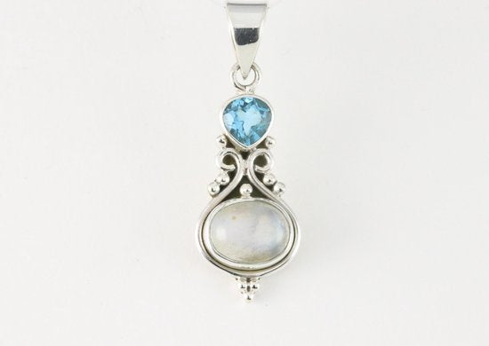 Bewerkte zilveren hanger met regenboog maansteen en blauwe topaas afbeelding 4