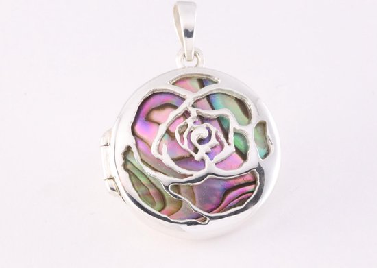 Rond bewerkt zilveren medaillon met abalone schelp afbeelding 4