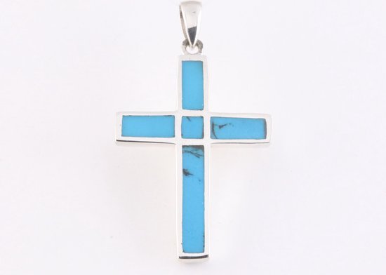 Zilveren kruishanger met blauwe turkoois afbeelding 4