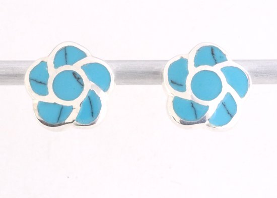 Bloemvormige zilveren oorstekers met blauwe turkoois afbeelding 1