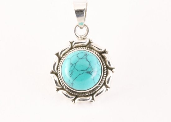 Ronde bewerkte zilveren hanger met turkoois afbeelding 4