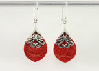 Bewerkte zilveren oorbellen met rode koraal steen afbeelding 4