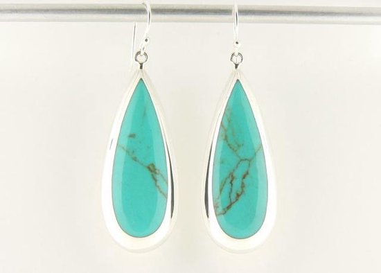 Grote druppelvormige zilveren oorbellen met groene turkoois afbeelding 1