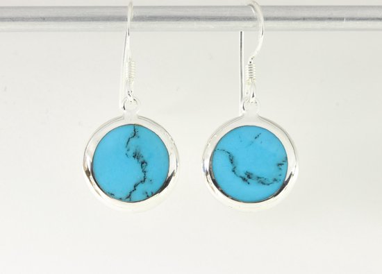 Ronde zilveren oorbellen met blauwe turkoois afbeelding 4