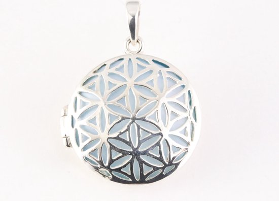Rond opengewerkt zilveren medaillon met lichtblauwe schelp afbeelding 1