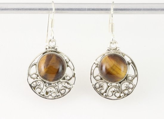 Ronde opengewerkte zilveren oorbellen met tijgeroog afbeelding 4