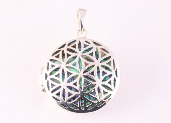 Rond opengewerkt zilveren medaillon met abalone schelp afbeelding 4