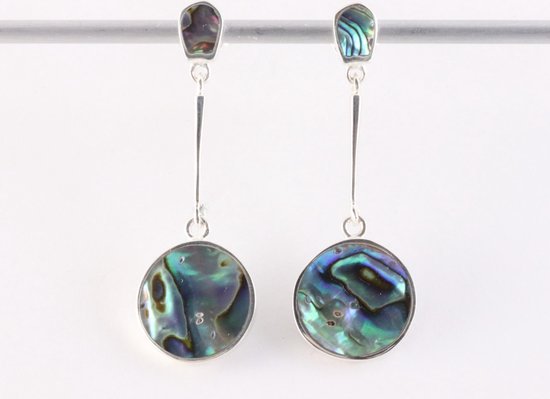 Lange ronde zilveren oorstekers met abalone schelp afbeelding 4