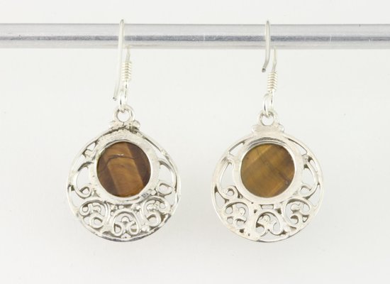Ronde opengewerkte zilveren oorbellen met tijgeroog afbeelding 3