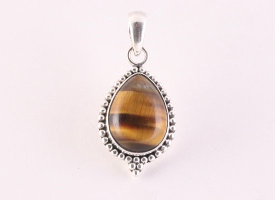 Bewerkte druppelvormige zilveren hanger met tijgeroog afbeelding 1