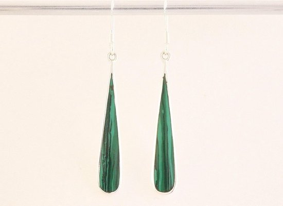 Lange druppelvormige zilveren oorbellen met malachiet afbeelding 4