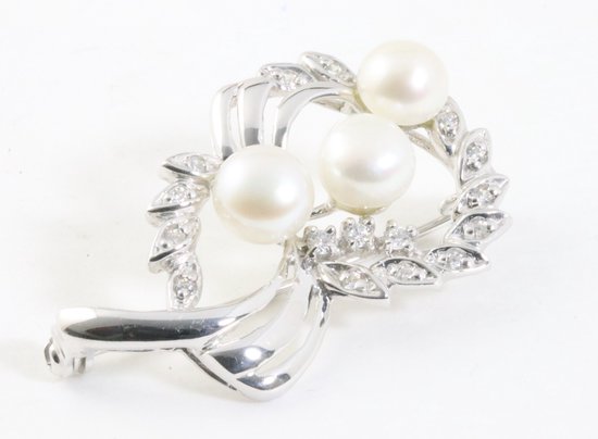 Hoogglans zilveren broche met parels en witte topaas afbeelding 3