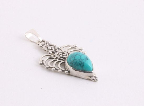 Fijne opengewerkte zilveren hanger met turkoois aan ketting afbeelding 2