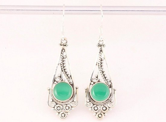 Lange opengewerkte zilveren oorbellen met groene onyx afbeelding 3