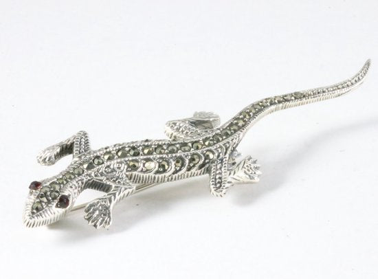 Zilveren hagedis broche met marcasiet en granaat afbeelding 2