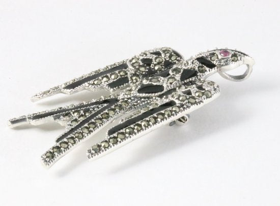 Zilveren zwaluw broche met onyx, marcasiet en robijn afbeelding 5