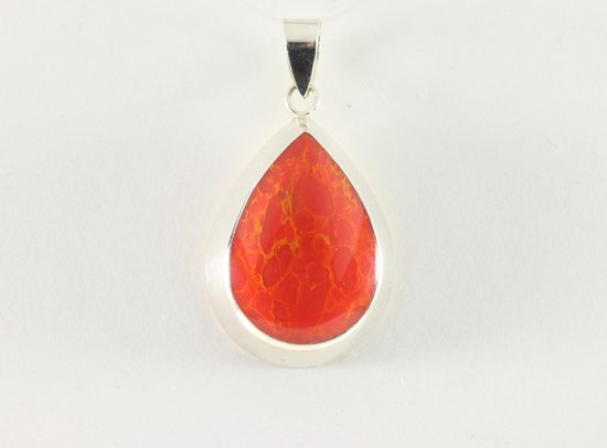 Druppelvormige zilveren hanger met rode koraal steen afbeelding 4