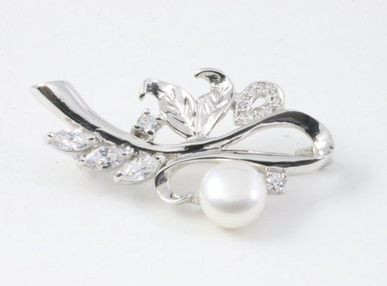 Hoogglans zilveren broche met parel en witte topaas afbeelding 3