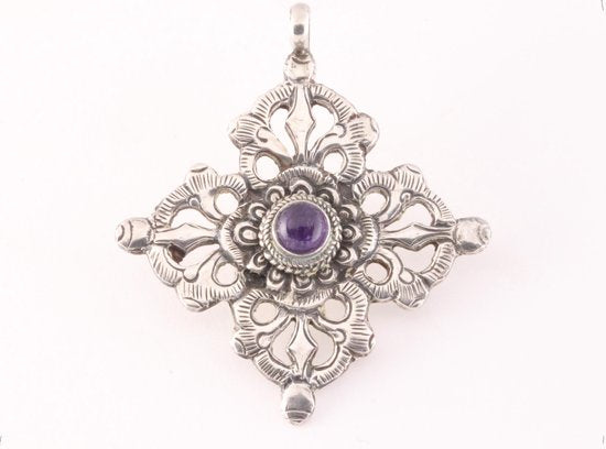 Traditionele zilveren dubbele vajra hanger met amethist afbeelding 1