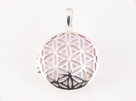 Rond opengewerkt zilveren medaillon met roze parelmoer afbeelding 1