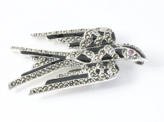 Zilveren zwaluw broche met onyx, marcasiet en robijn afbeelding 3