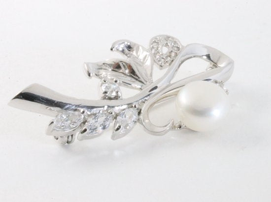 Hoogglans zilveren broche met parel en witte topaas afbeelding 2