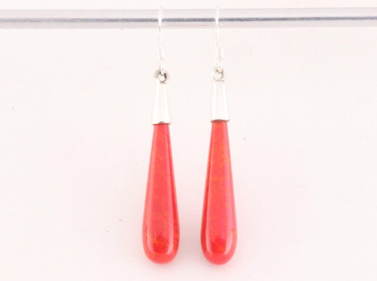 Zilveren oorbellen met pegels rode koraal steen afbeelding 2